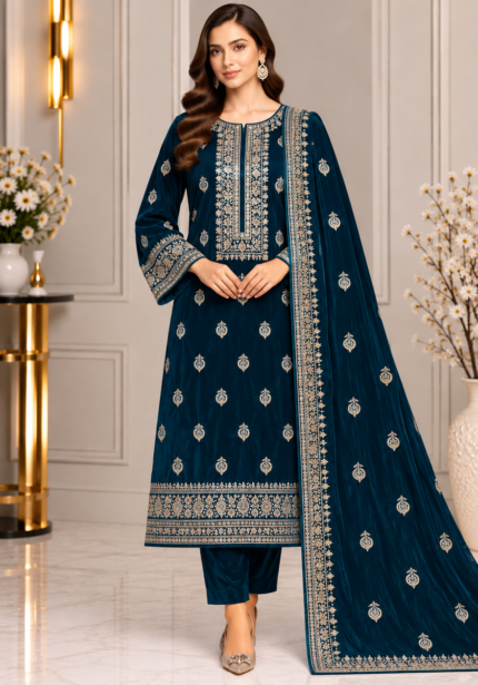 Deep teal velvet 3 piece suit with embroidered shirt and matching velvet shawl