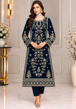 Deep teal velvet embroidered 3 piece suit with detailed handwork and floral embroidery