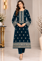 Deep teal velvet embroidered 3 piece suit with detailed neckline and floral border