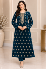 Deep teal velvet 3 piece suit with gold embroidered neckline and floral motifs