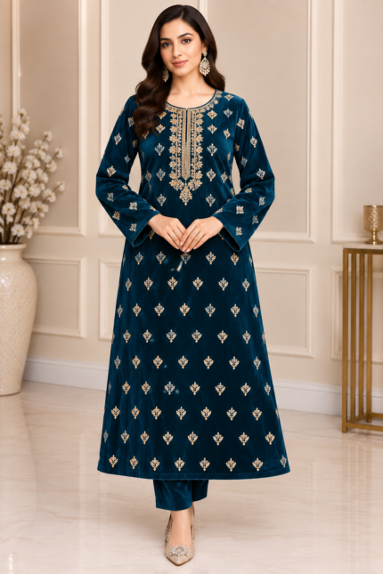 Deep teal velvet 3 piece suit with gold embroidered neckline and floral motifs