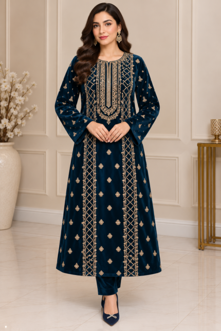 Deep teal velvet embroidered 3 piece unstitched suit with gold embroidery and matching velvet trousers