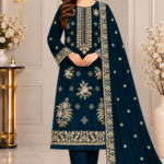 Deep teal velvet embroidered 3 piece suit with floral dupatta and detailed shirt embroidery