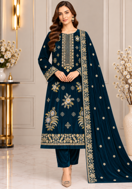 Deep teal velvet embroidered 3 piece suit with floral dupatta and detailed shirt embroidery