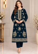 Deep teal velvet shirt with gold floral embroidery and matching velvet trouser without dupatta
