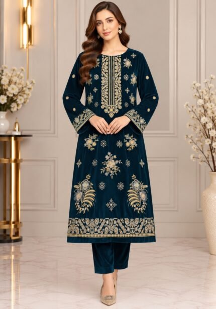 Deep teal velvet shirt with gold floral embroidery and matching velvet trouser without dupatta