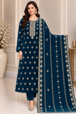 Deep teal velvet suit with embroidered shirt matching trousers and detailed dupatta