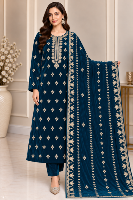 Deep teal velvet suit with embroidered shirt matching trousers and detailed dupatta