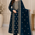 Deep teal velvet 3 piece unstitched suit with gold embroidered shirt, velvet trousers and matching dupatta