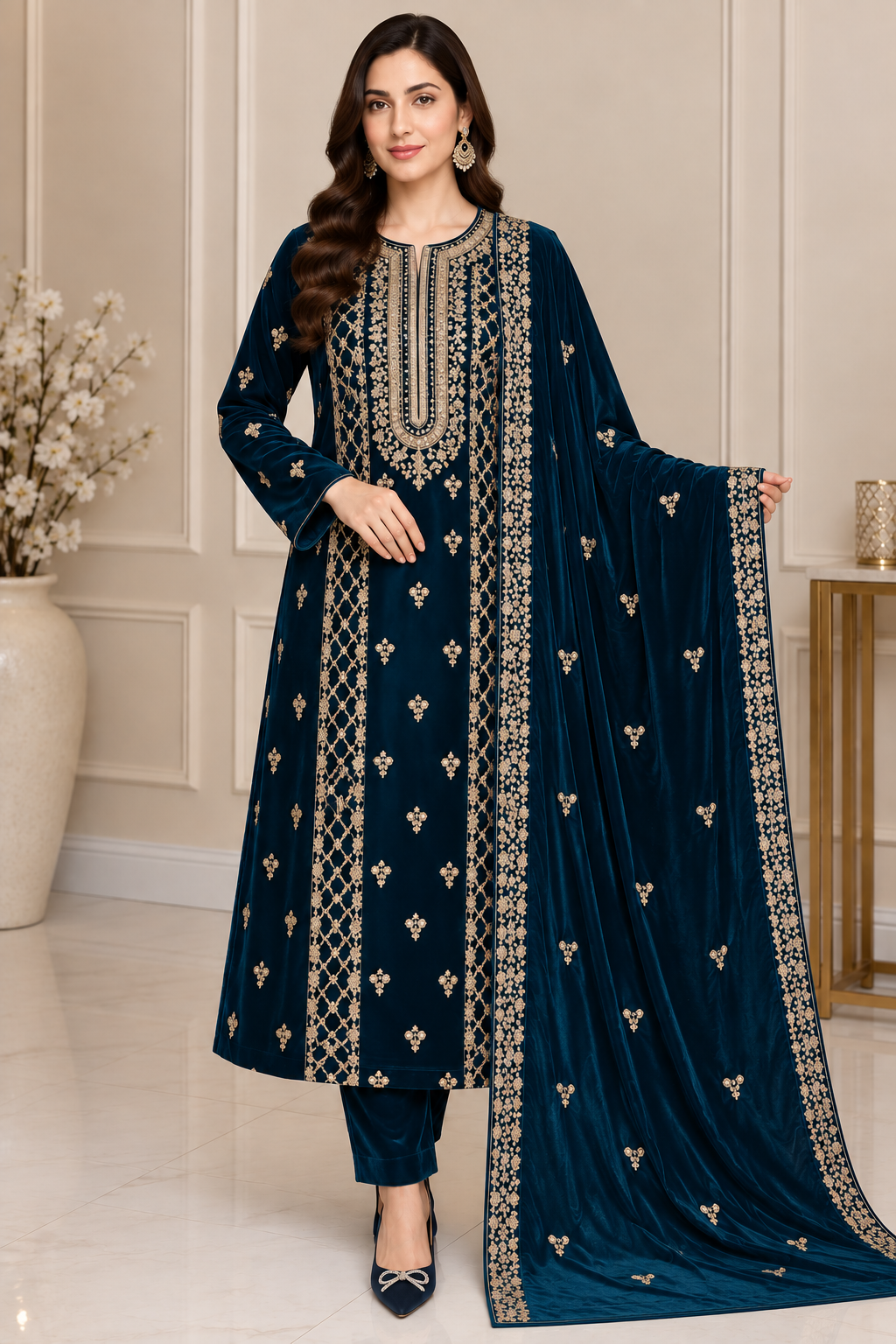 Deep Teal Velvet Gold Embroidered 3 Piece Suit with Dupatta Deep teal velvet 3 piece unstitched suit with gold embroidered shirt, velvet trousers and matching dupatta