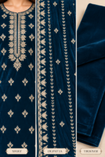 Deep teal velvet shirt with intricate gold embroidered neckline and floral motifs