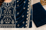 Closeup of deep teal velvet embroidered shirt dupatta and trouser