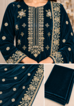Closeup of deep teal velvet embroidered shirt, dupatta border and matching velvet trouser