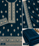 Closeup of deep teal velvet embroidered shirt shawl and matching trouser