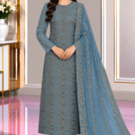 Dusty blue chiffon handmade 3 piece suit with embroidered dupatta