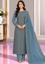 Dusty blue chiffon handmade 3 piece suit with embroidered dupatta