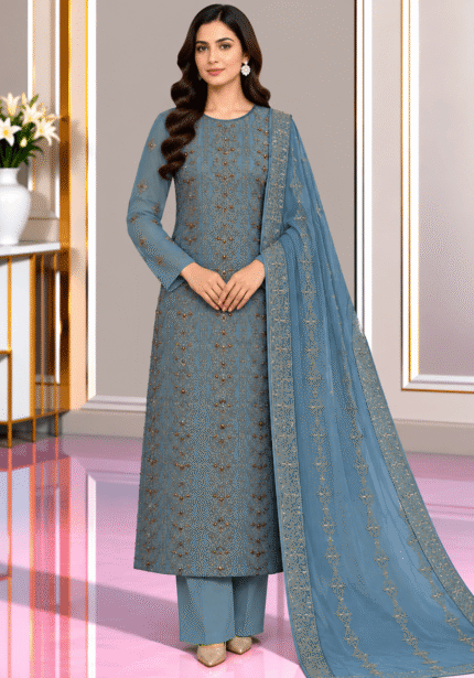 Dusty blue chiffon handmade 3 piece suit with embroidered dupatta