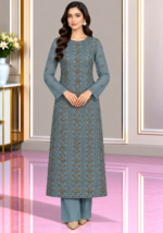 Dusty blue chiffon handmade embroidered shirt with matching sleeves and trouser