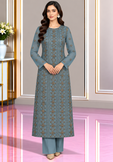 Dusty blue chiffon handmade embroidered shirt with matching sleeves and trouser