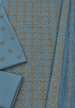 Dusty blue chiffon unstitched fabric with handmade embroidery and detailed motifs closeup