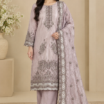 Dusty mauve embroidered silk 3-piece unstitched suit with silver embroidery and silk dupatta featuring an organza patch.