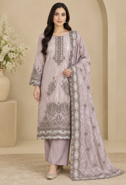 Dusty mauve embroidered silk 3-piece unstitched suit with silver embroidery and silk dupatta featuring an organza patch.