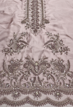 Dusty mauve embroidered silk 3-piece unstitched suit with silver embroidery and silk dupatta featuring an organza patch.