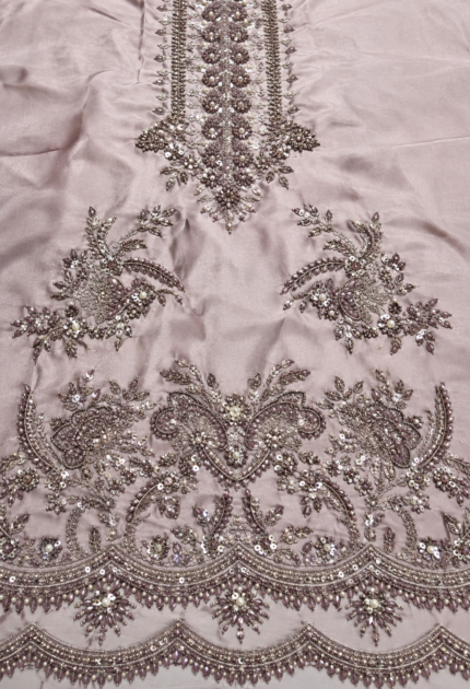 Dusty mauve embroidered silk 3-piece unstitched suit with silver embroidery and silk dupatta featuring an organza patch.