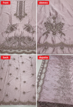 Dusty mauve embroidered silk 3-piece unstitched suit with silver embroidery and silk dupatta featuring an organza patch.