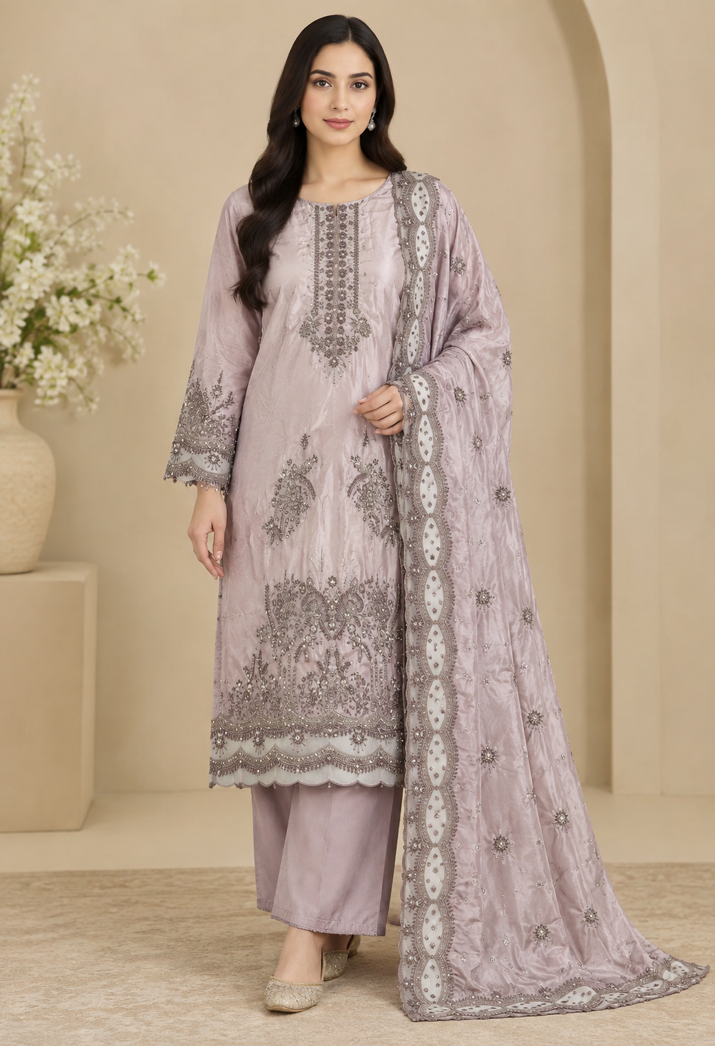 Dusty Mauve Embroidered Silk 3PC Suit Dusty mauve embroidered silk 3-piece unstitched suit with silver embroidery and silk dupatta featuring an organza patch.