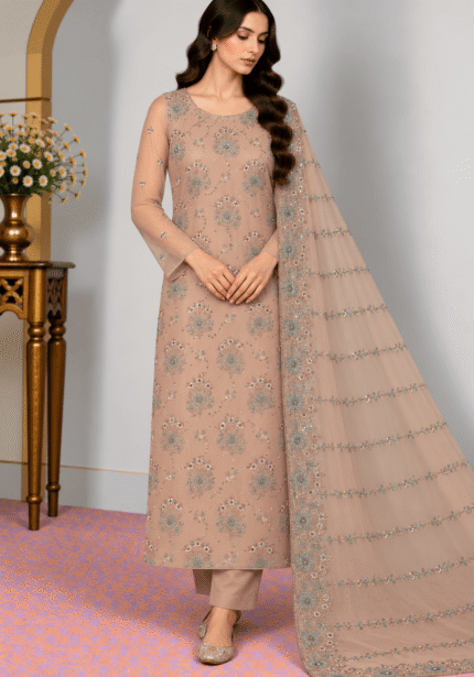 Dusty peach chiffon embroidered 3 piece Pakistani suit with matching dupatta