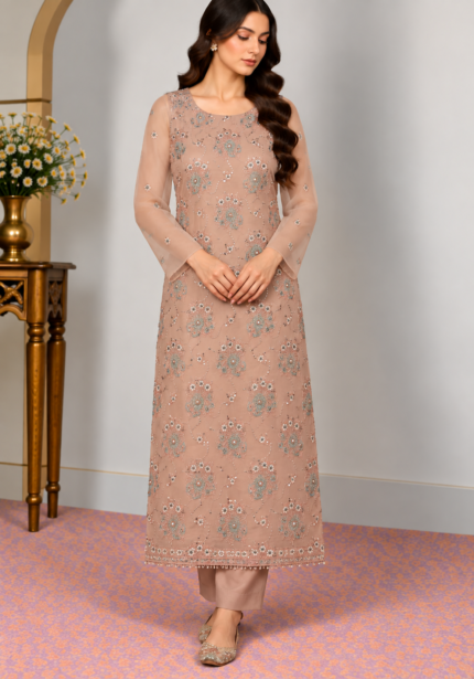 Dusty peach floral embroidered chiffon Pakistani suit without dupatta