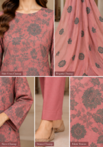 Closeup of dusty pink shirt with dark floral embroidery and botanical motifs