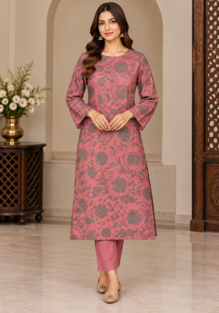 Dusty pink floral printed 3 piece suit front pose without dupatta
