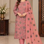 Dusty pink floral printed 3 piece suit with sheer embroidered dupatta