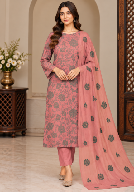 Dusty pink floral printed 3 piece suit with sheer embroidered dupatta