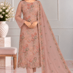 Dusty rose chiffon handmade embroidered 3 piece suit with matching dupatta
