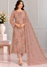 Dusty rose chiffon handmade embroidered 3 piece suit with matching dupatta