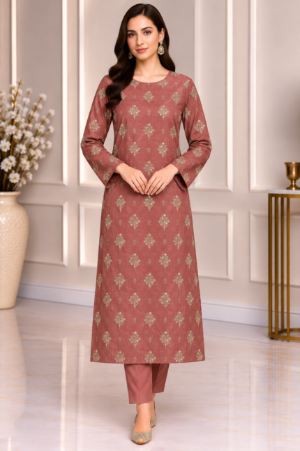 Dusty rose velvet embroidered suit front pose without dupatta