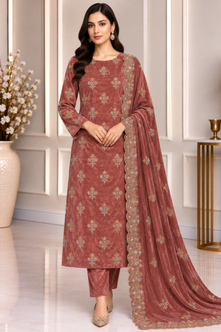 Dusty rose velvet embroidered suit with matching shawl