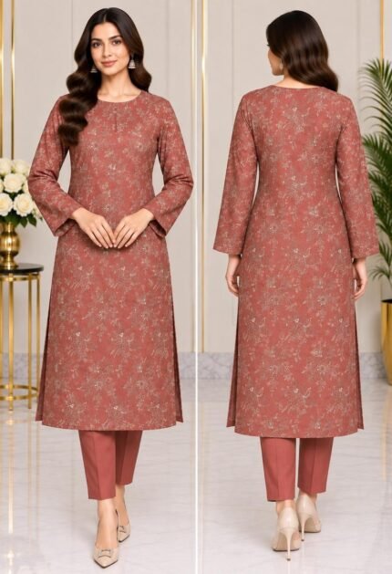Dusty rose embroidered silk 3 piece suit with chiffon dupatta