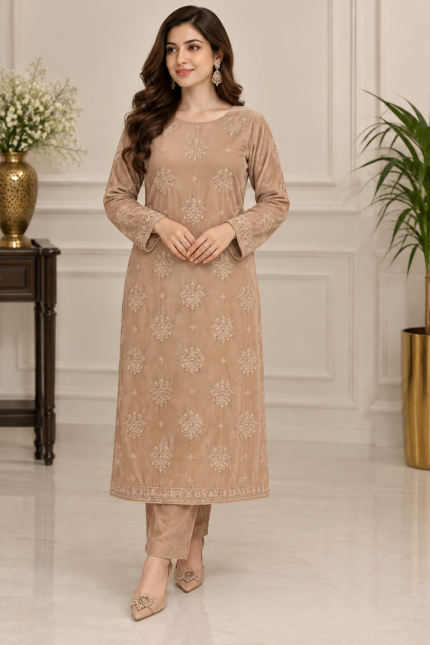 Beige velvet embroidered three piece suit with floral motifs, matching trousers and embroidered dupatta