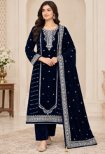 Navy blue velvet unstitched 3-piece suit with intricate silver embroidery, embroidered kameez, matching sleeves, and bordered velvet dupatta.