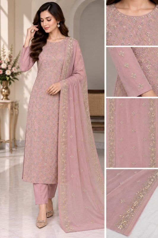 Embroidered Chiffon 3 Piece Unstitched Suit | Lilac Pink