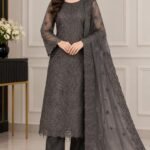 Luxury embroidered net 3PC unstitched suit with beads work and white undyed trouser