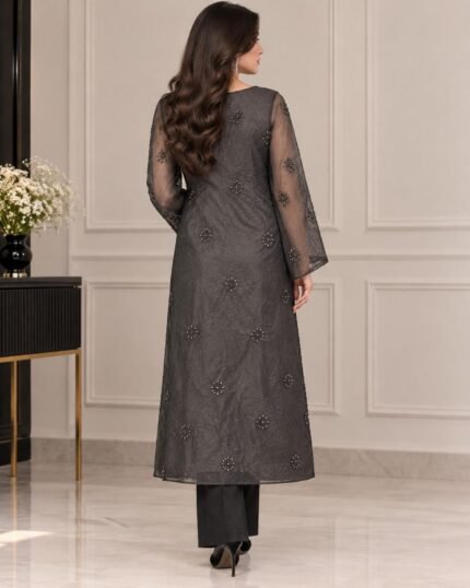 Luxury embroidered net 3PC unstitched suit with beads work and white undyed trouser
