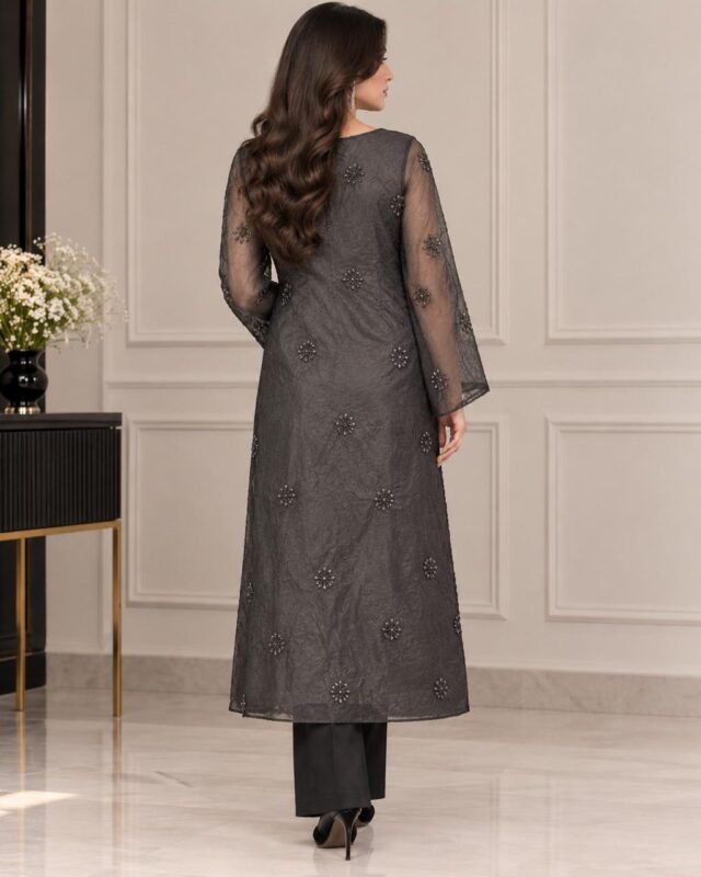 Luxury embroidered net 3PC unstitched suit with beads work and white undyed trouser