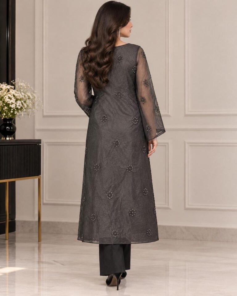 Luxury embroidered net 3PC unstitched suit with beads work and white undyed trouser