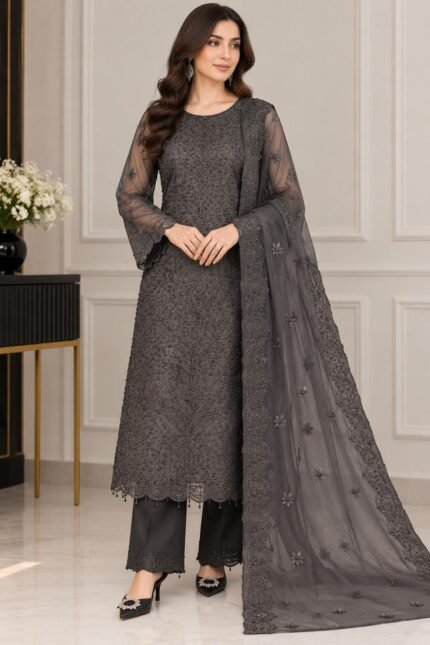 Luxury embroidered net 3PC unstitched suit with beads work and white undyed trouser