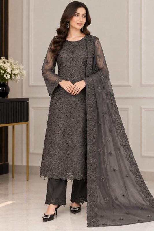 Luxury embroidered net 3PC unstitched suit with beads work and white undyed trouser